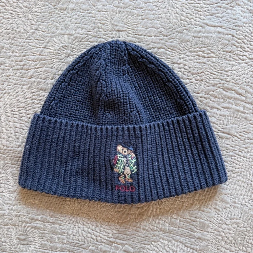 Polo Ralph Lauren Bear Navy Blue Ribbed Knit Toddler Beanie Hat One Size Cotton